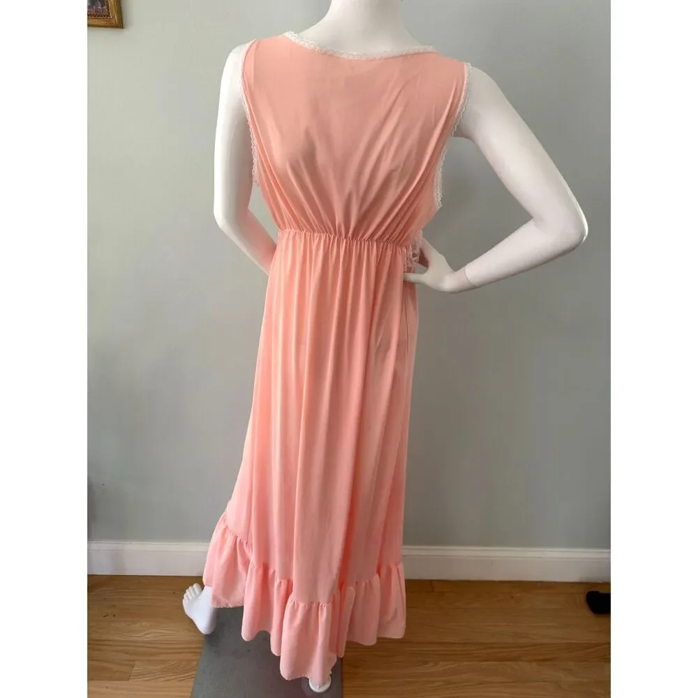 Vintage Peach Pink Lace Nightgown Maxi Dress Empire Waist Romantic Lingerie sz L